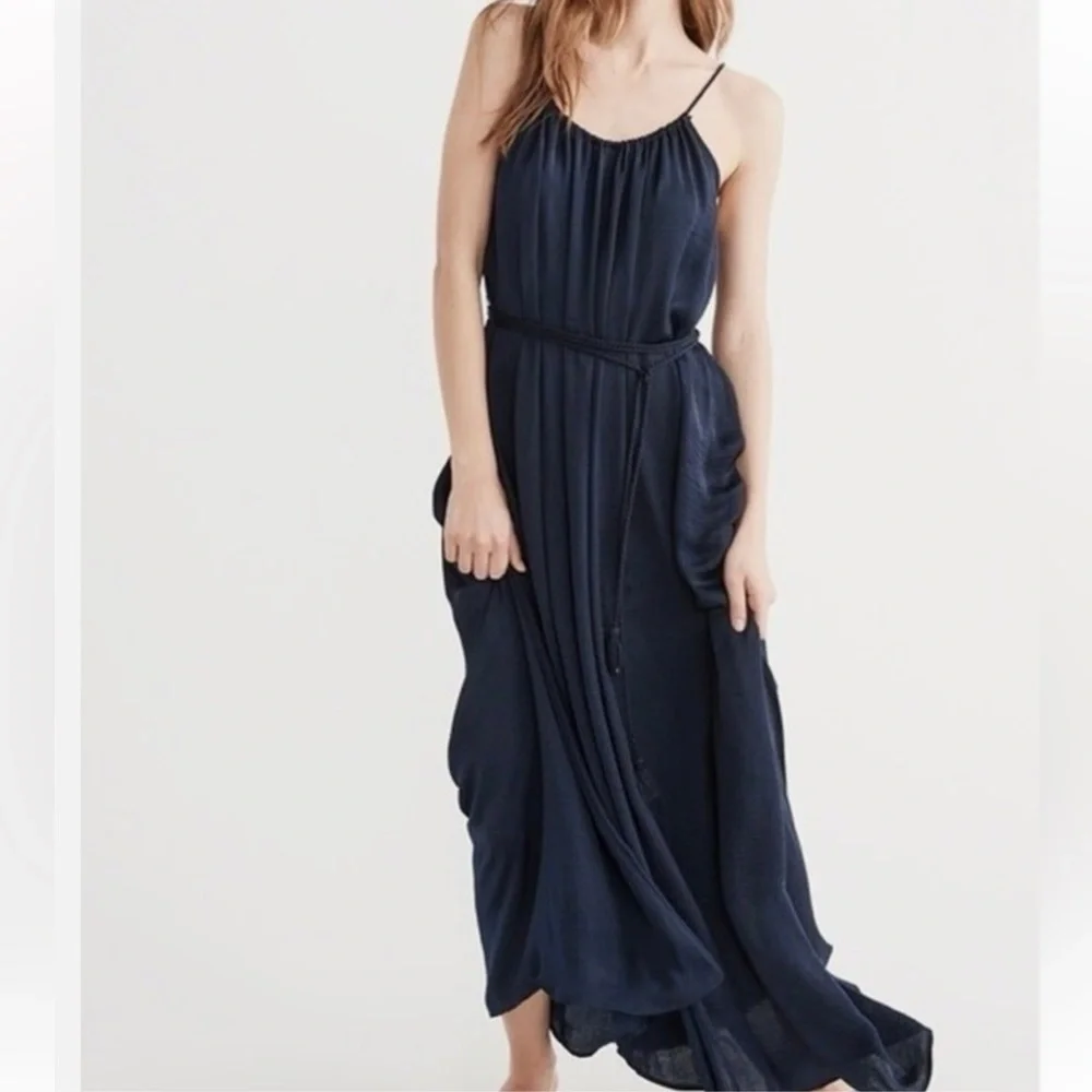 Abercrombie & Fitch Maxi Navy Satin Dress S Navy Spaghetti Strap‎ Sun Dress